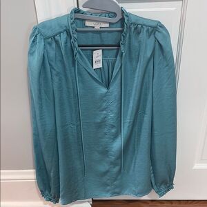 LOFT Teal Blue Blouse with Mandarin Collar and Tie Front